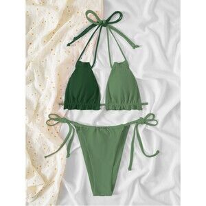 Large/XL Green Frill Trim Halter Triangle Tie Side Wireless Bikini Swimsuit